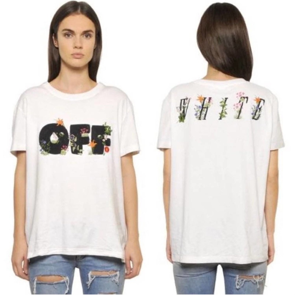 Off White Floral Embroidered Tee Shirt